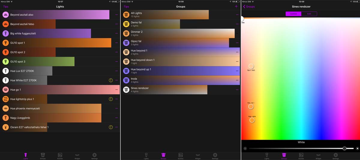 Philips Hue LED lámpa világítás widget iOs iPhone iPad vezérlés