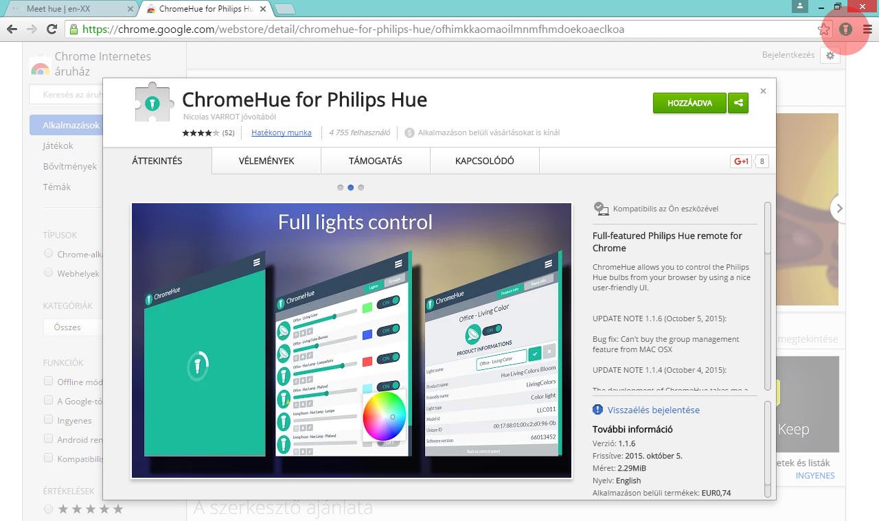 ChromeHue - Philips Hue PC, notebook böngészőből vezérlés